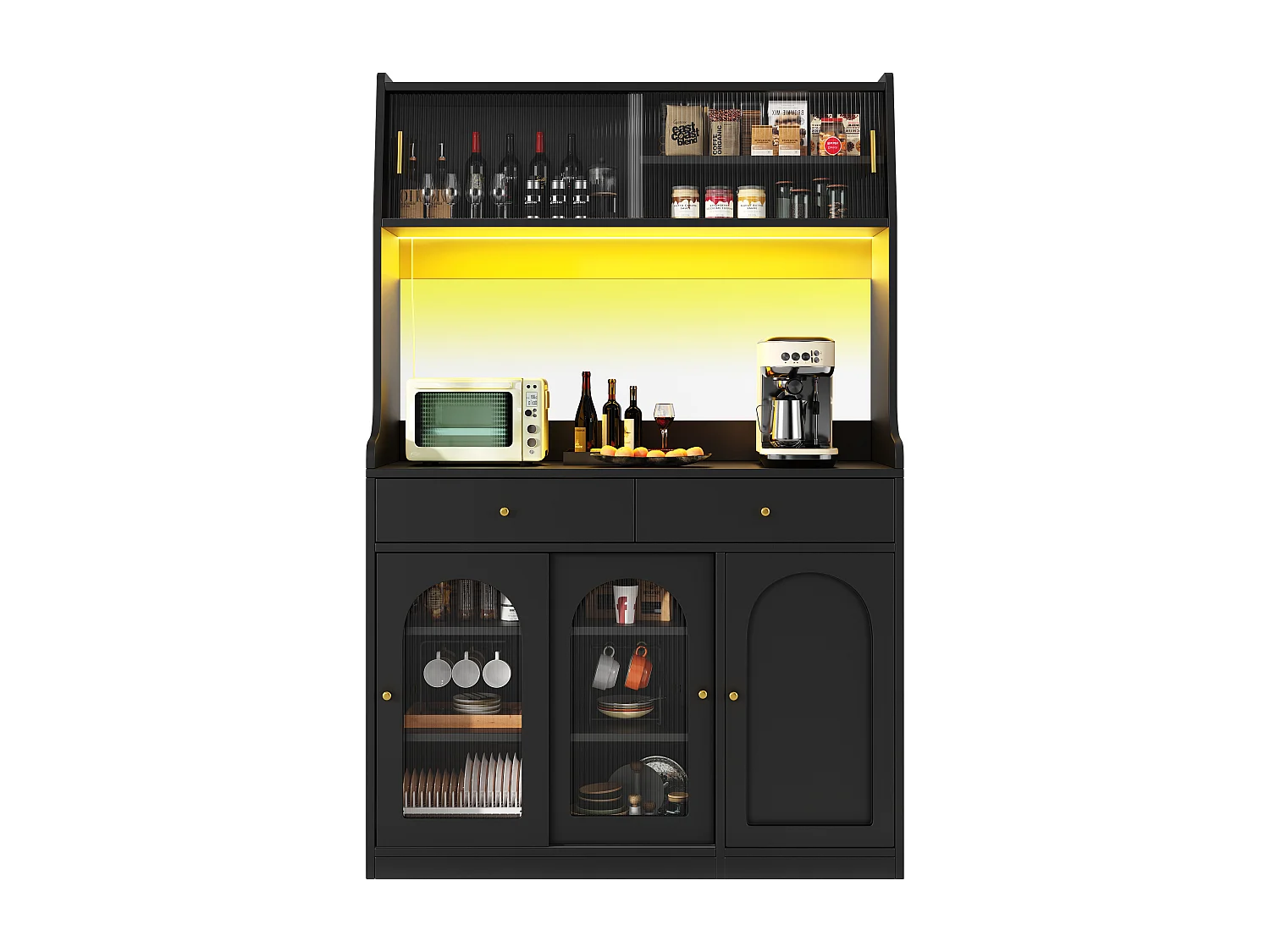 Armoire haute de cuisine, Buffet et Vitrine, Étagères réglables, 2 tiroirs, Sideboard LED, Lumière variable, Noir, rangement modulable