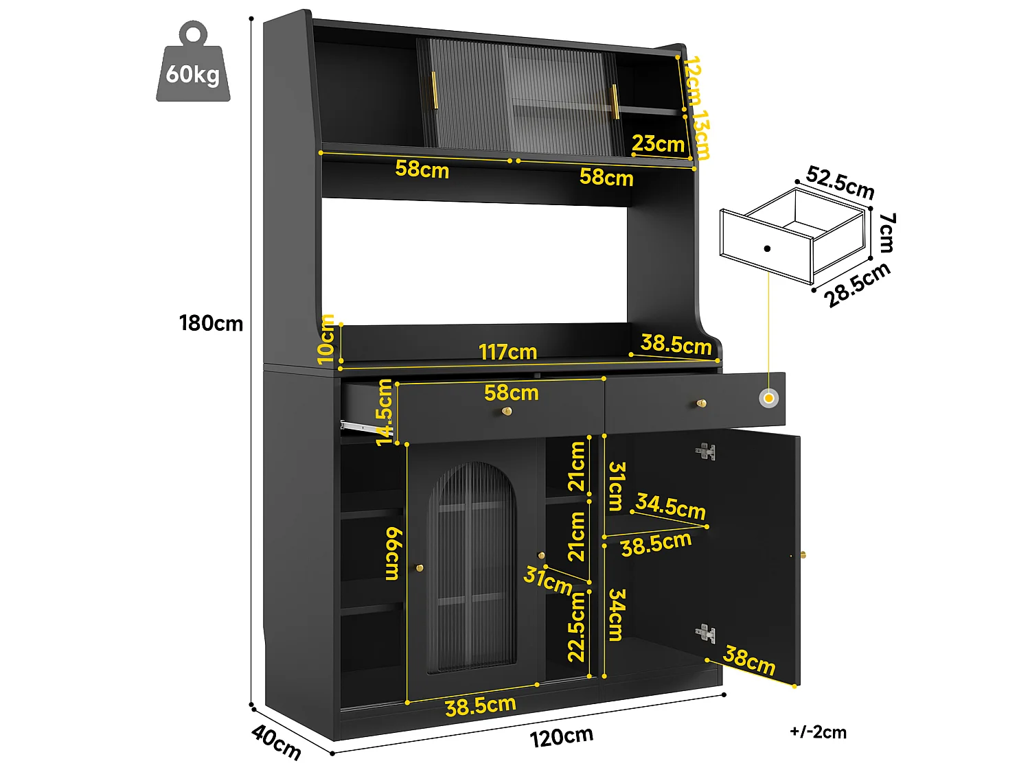 Buffet haut 120/180/40 cm avec éclairage LED et 2 tiroirs MDF et panneaux de particules noir