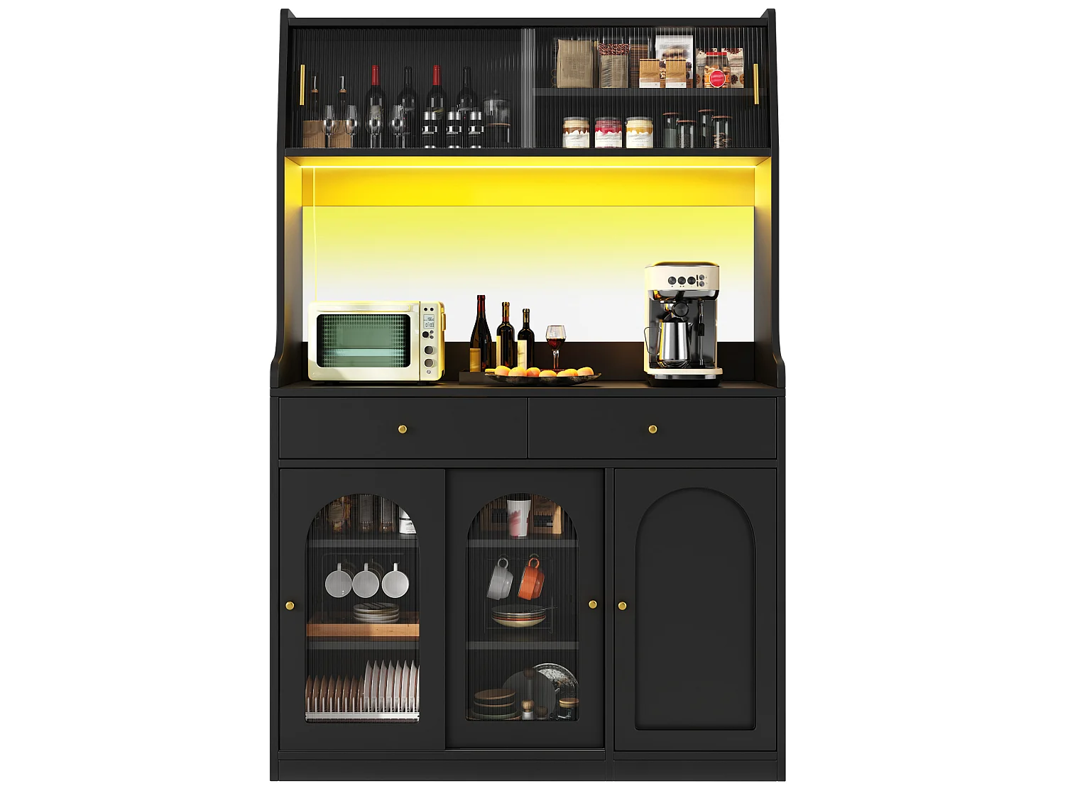 Buffet haut 120/180/40 cm avec éclairage LED et 2 tiroirs MDF et panneaux de particules noir