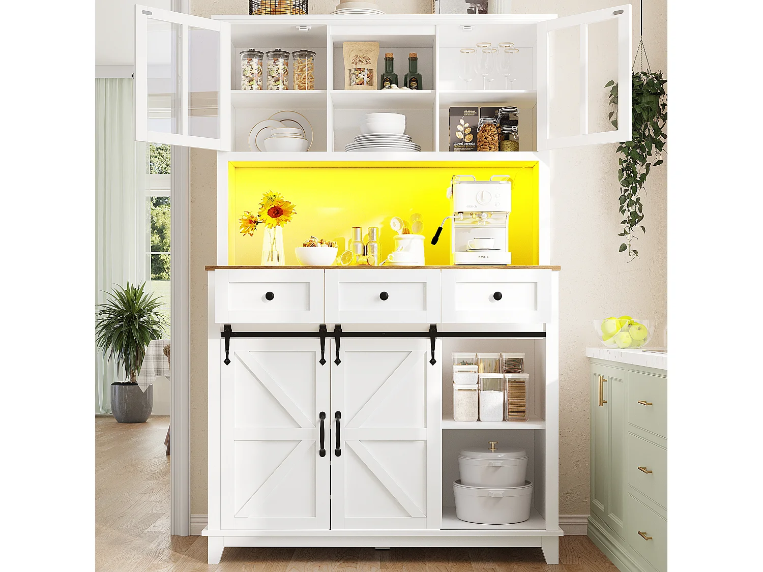 Armoire haute 105×38,4×180cm, Buffet, Vitrine, Étagères réglables, Sideboard LED, Lumière variable, Blanc