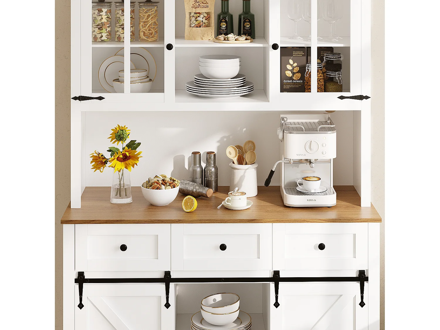 Armoire haute 105×38,4×180cm, Buffet, Vitrine, Étagères réglables, Sideboard LED, Lumière variable, Blanc