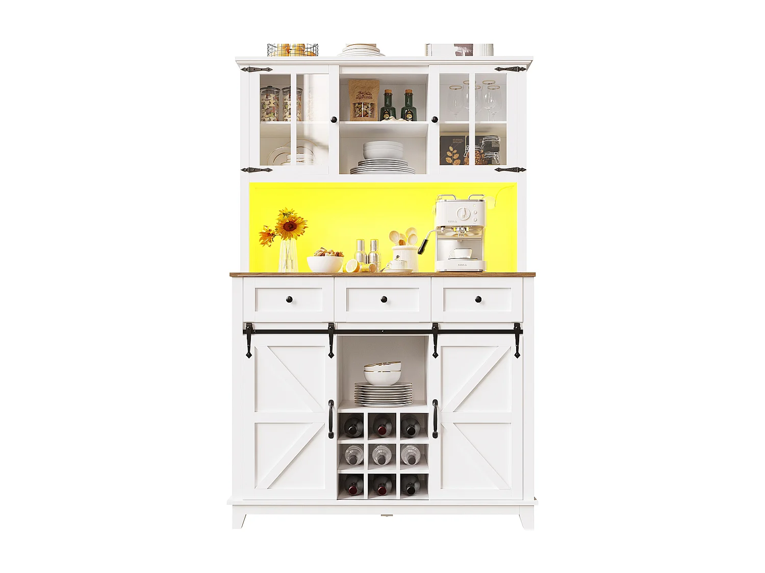 Armoire haute 105×38,4×180cm, Buffet, Vitrine, Étagères réglables, Sideboard LED, Lumière variable, Blanc