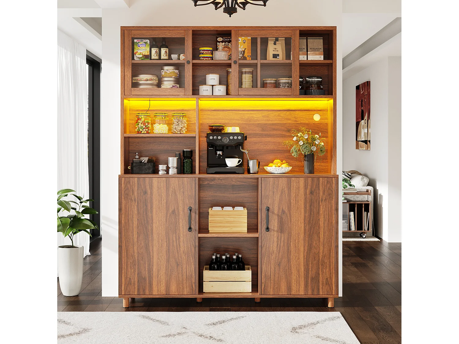 Armoire haute 120×40×185cm, Buffet de salon, LED, Portes avec compartiment snack, Style rétro, Bois couleur noix