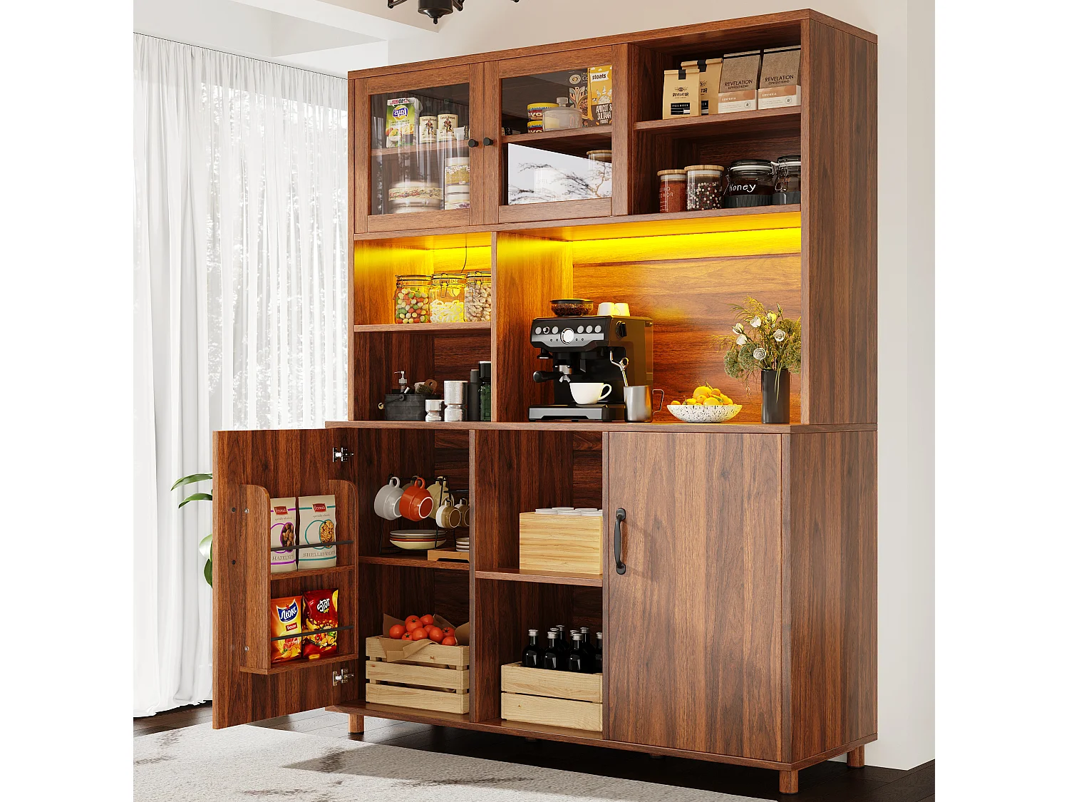 Armoire haute 120×40×185cm, Buffet de salon, LED, Portes avec compartiment snack, Style rétro, Bois couleur noix