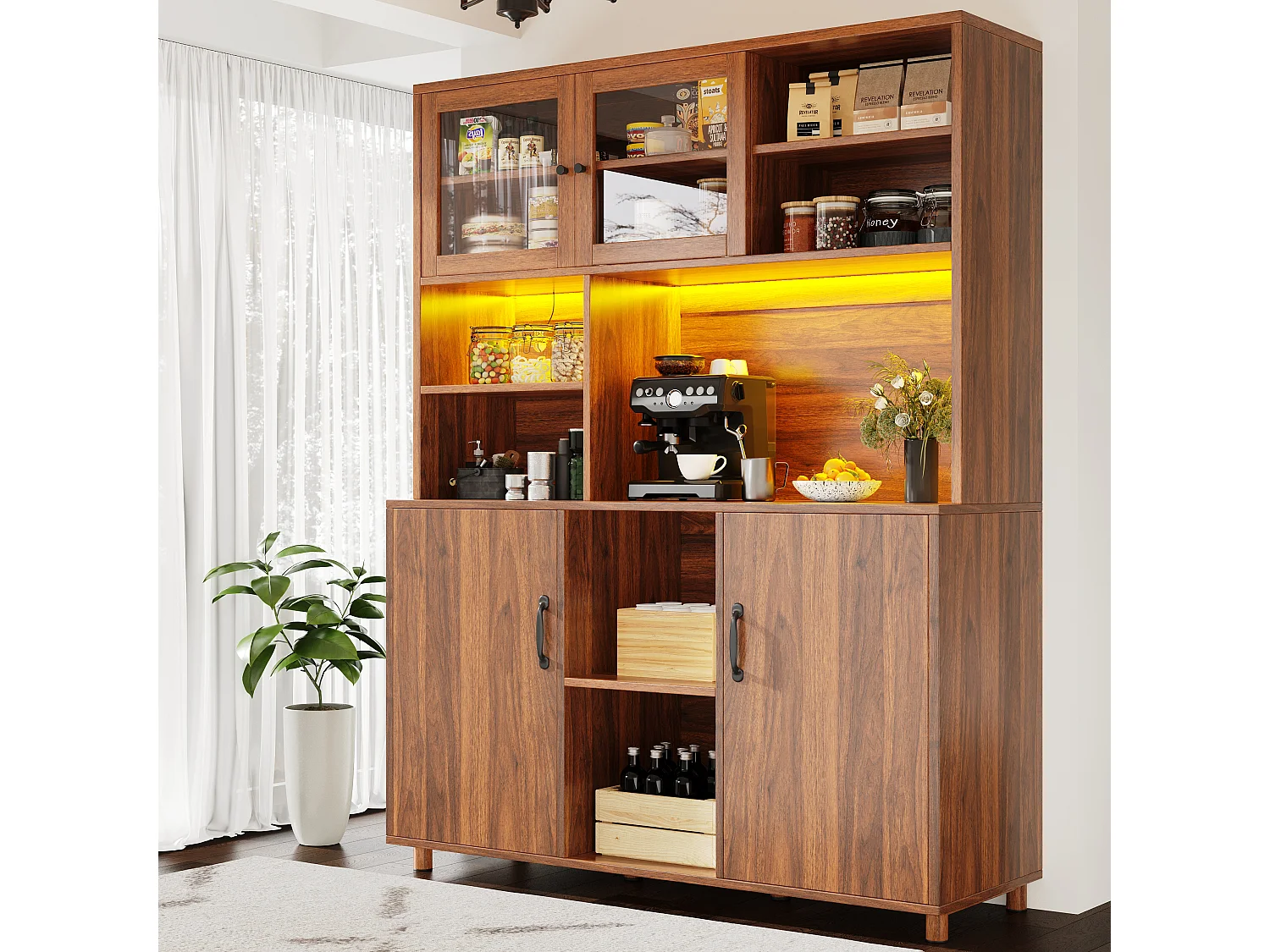 Armoire haute 120×40×185cm, Buffet de salon, LED, Portes avec compartiment snack, Style rétro, Bois couleur noix