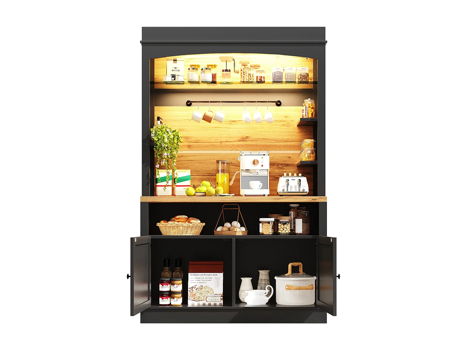 Armoire haute 107×43×184cm, Buffet et Vitrine, Sideboard avec LED, Étagères ouvertes, Rangement pour cuisine, Noir