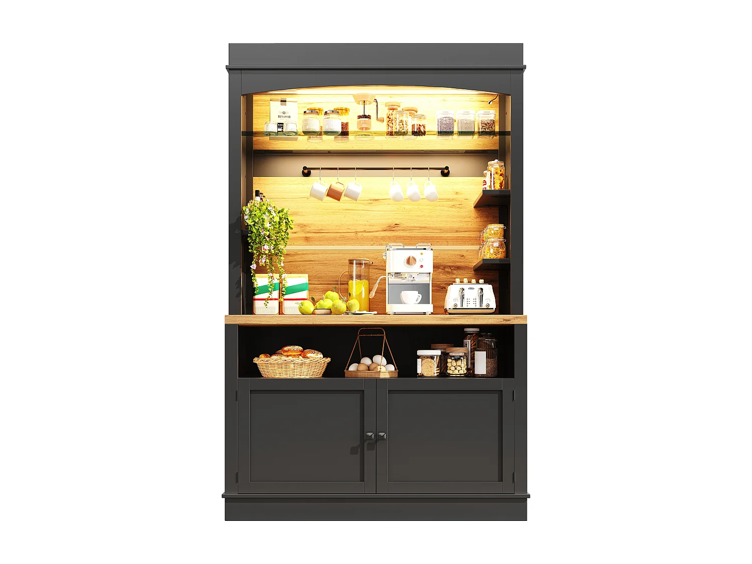Armoire haute 107×43×184cm, Buffet et Vitrine, Sideboard avec LED, Étagères ouvertes, Rangement pour cuisine, Noir