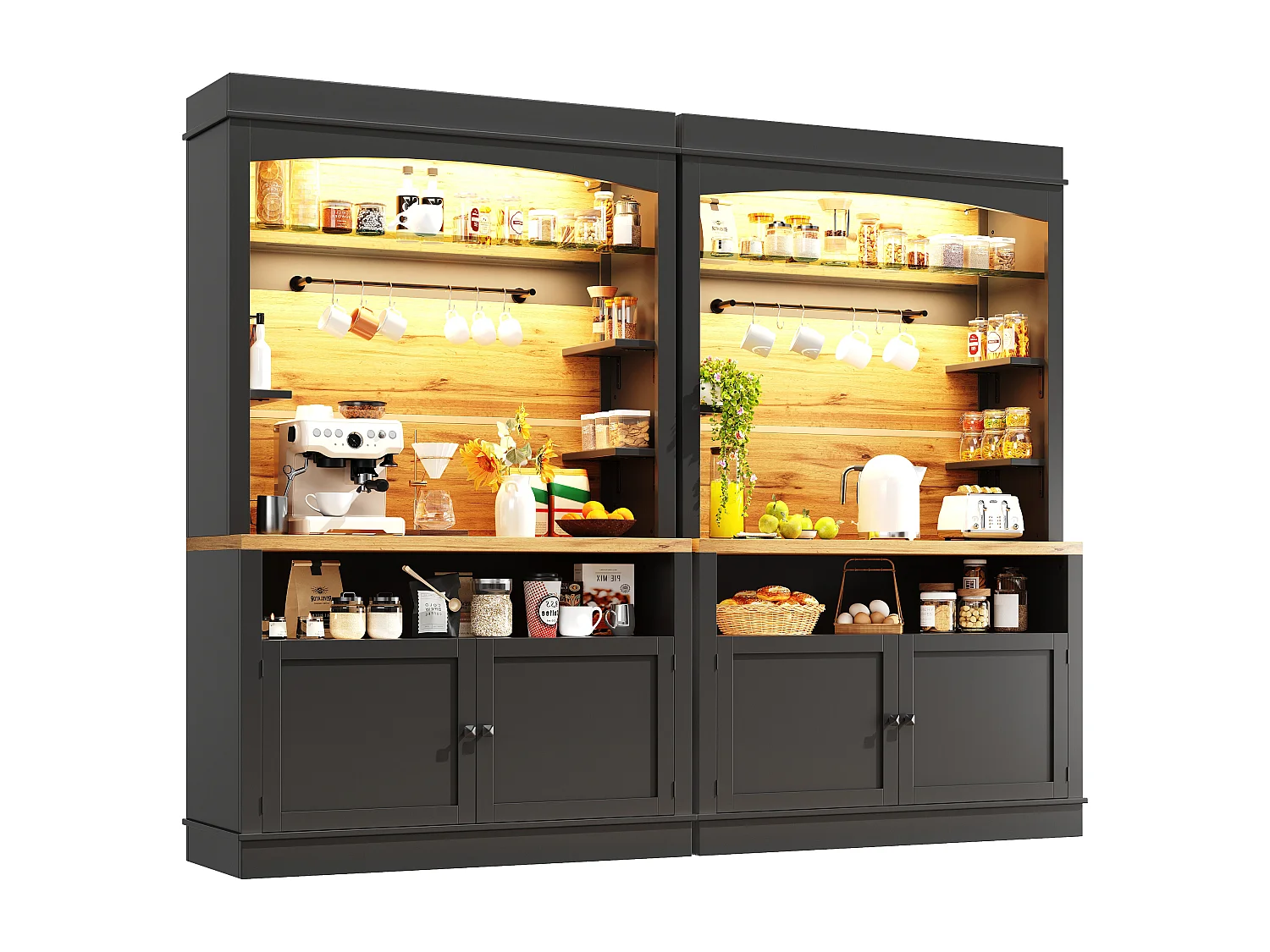 Armoire haute 107×43×184cm, Buffet et Vitrine, Sideboard avec LED, Étagères ouvertes, Rangement pour cuisine, Noir