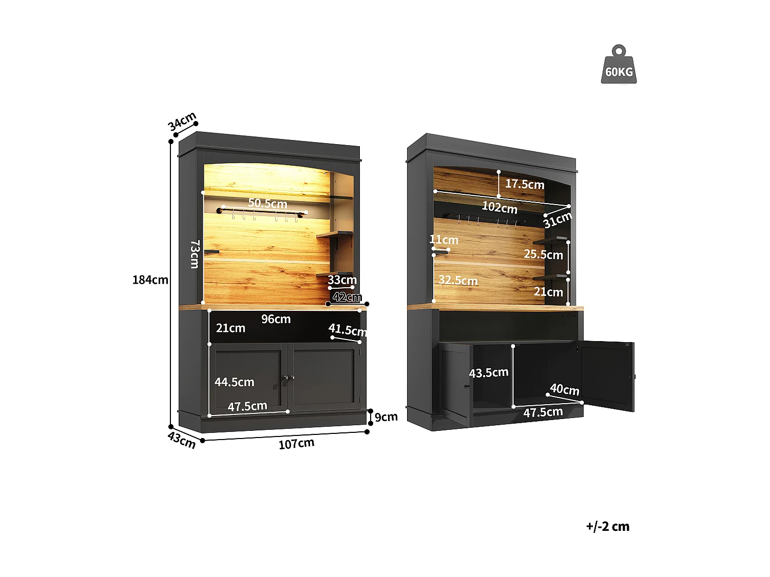 Armoire haute 107×43×184cm, Buffet et Vitrine, Sideboard avec LED, Étagères ouvertes, Rangement pour cuisine, Noir