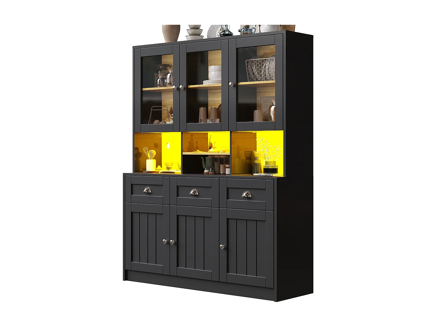 Armoire haute 140×40×175cm, Buffet et Vitrine, Étagères réglables, Sideboard LED, Lumière variable, Blanc/Noir, rangement multifonction