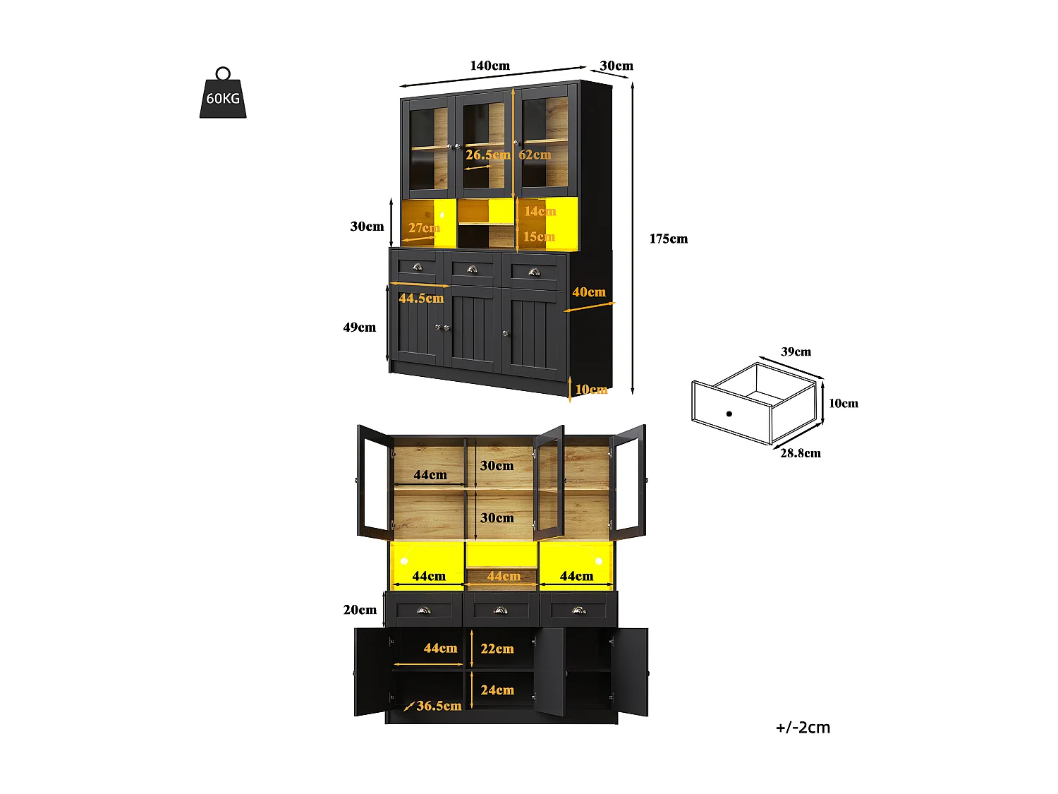 Armoire haute 140×40×175cm, Buffet et Vitrine, Étagères réglables, Sideboard LED, Lumière variable, Blanc/Noir, rangement multifonction