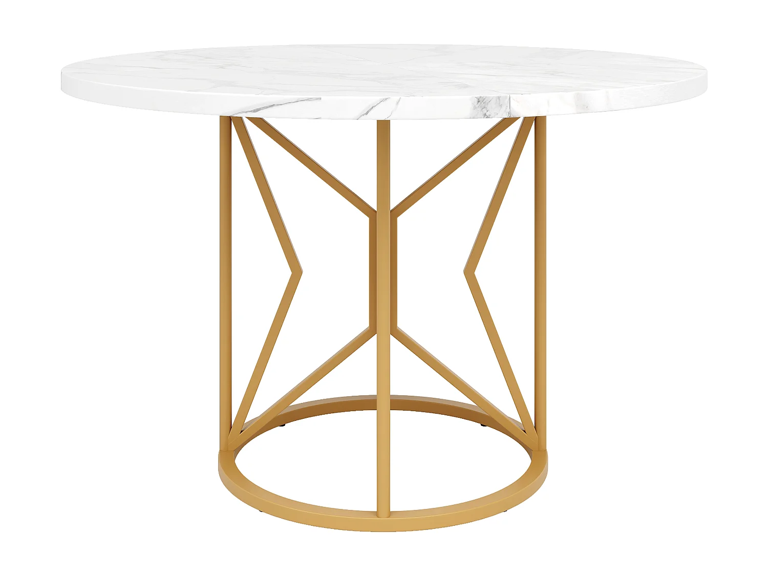Table ronde 100×100×76cm, Piétement métal géométrique, Plateau MDF marbré, Cuisine/Salon, Pieds dorés