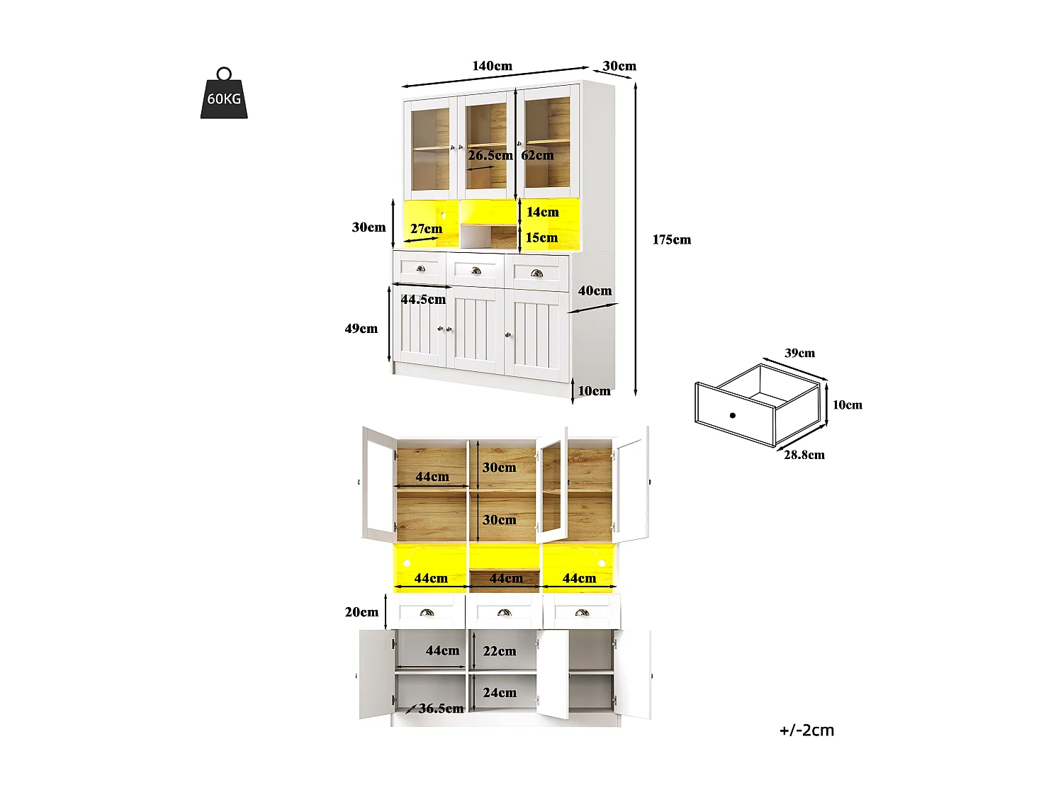 Armoire haute 140×40×175cm, Buffet et Vitrine, Étagères réglables, Sideboard LED, Lumière variable, Blanc/Noir, rangement multifonction