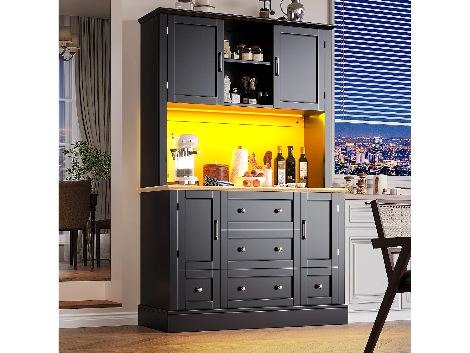 Armoire haute 115×40×180cm, Buffet de salon, 4 portes et 5 tiroirs, LED avec app, Vitrine cuisine, sécurité anti-basculement, Noir