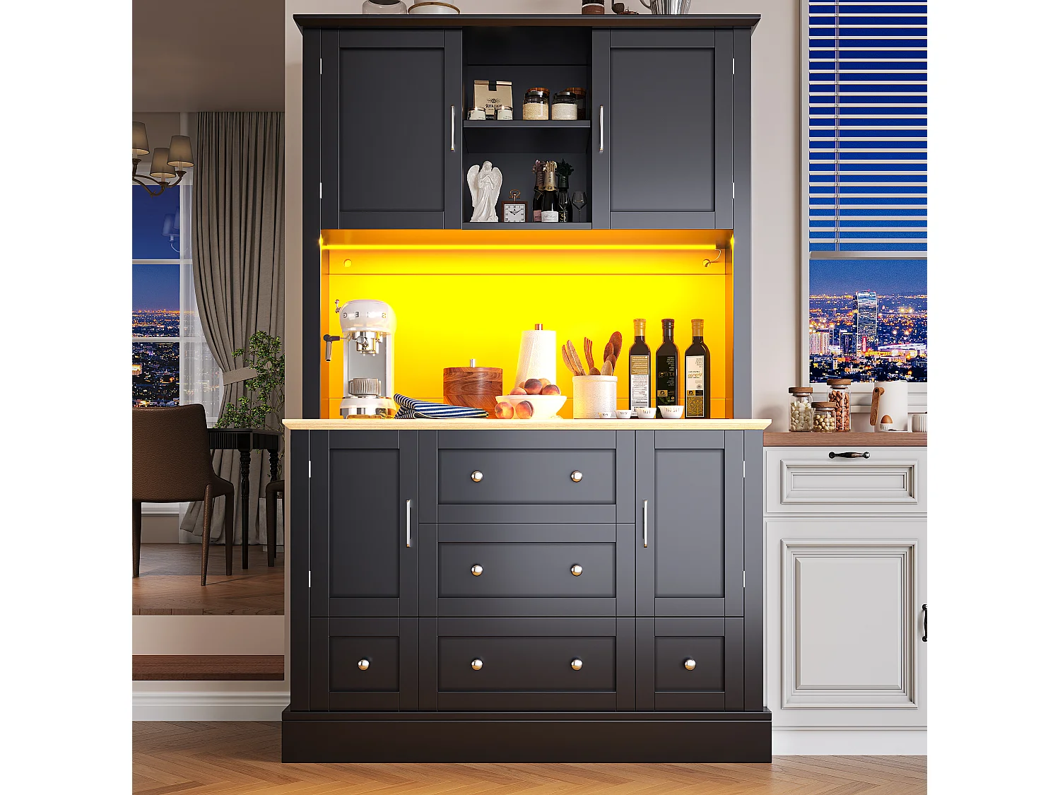 Armoire haute 115×40×180cm, Buffet de salon, 4 portes et 5 tiroirs, LED avec app, Vitrine cuisine, sécurité anti-basculement, Noir
