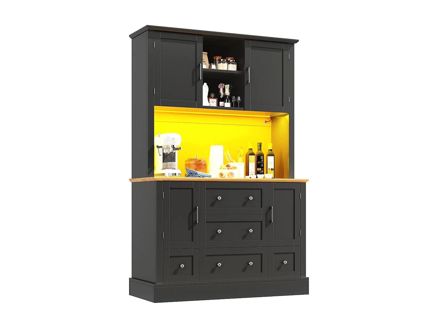 Armoire haute 115×40×180cm, Buffet de salon, 4 portes et 5 tiroirs, LED avec app, Vitrine cuisine, sécurité anti-basculement, Noir