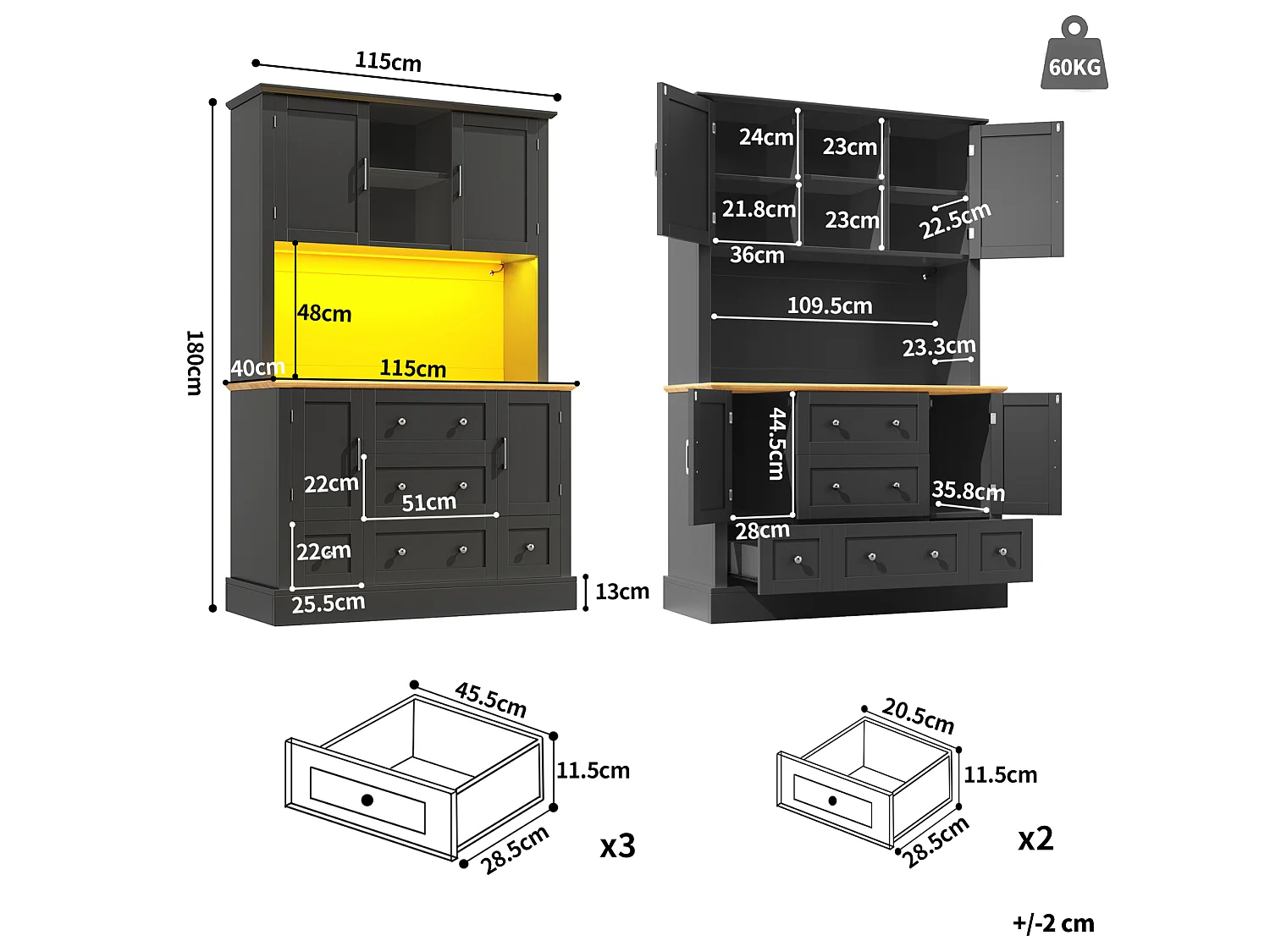 Armoire haute 115/180/40 cm avec éclairage LED et commande par application MDF noir et naturel