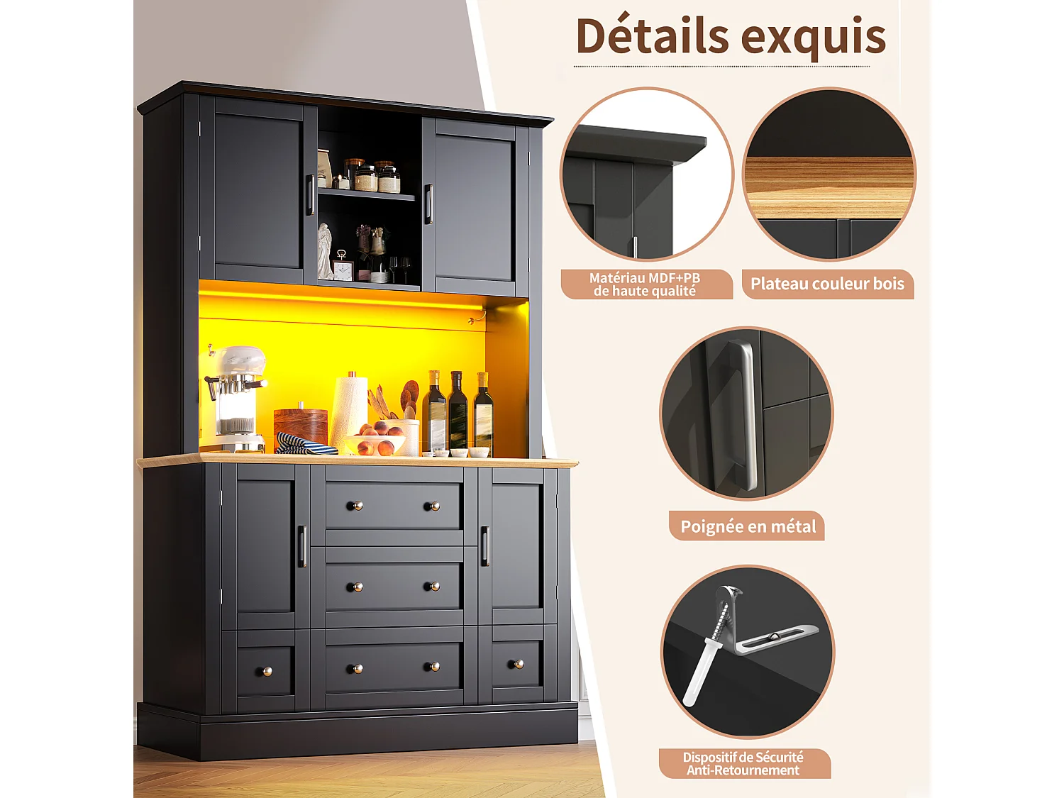 Armoire haute 115/180/40 cm avec éclairage LED et commande par application MDF noir et naturel