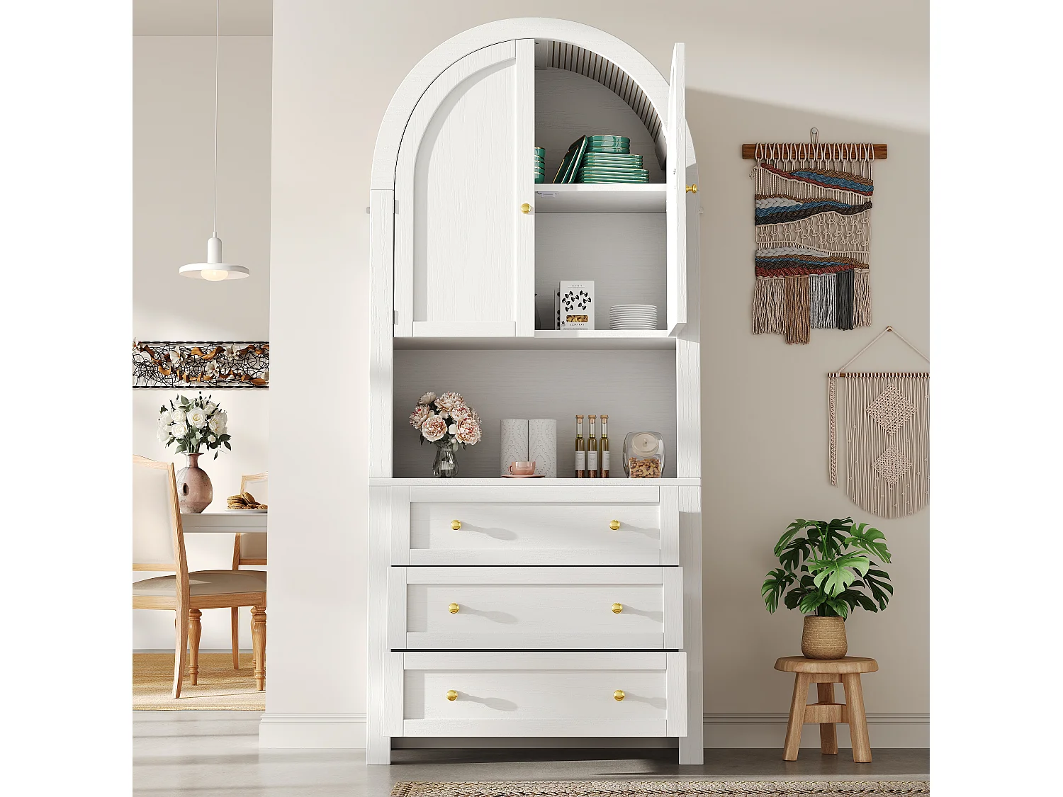 Armoire haute avec tiroirs et portes, Étagères ouvertes, Rangement autonome, Cuisine/Salon, Étagères arche blanches