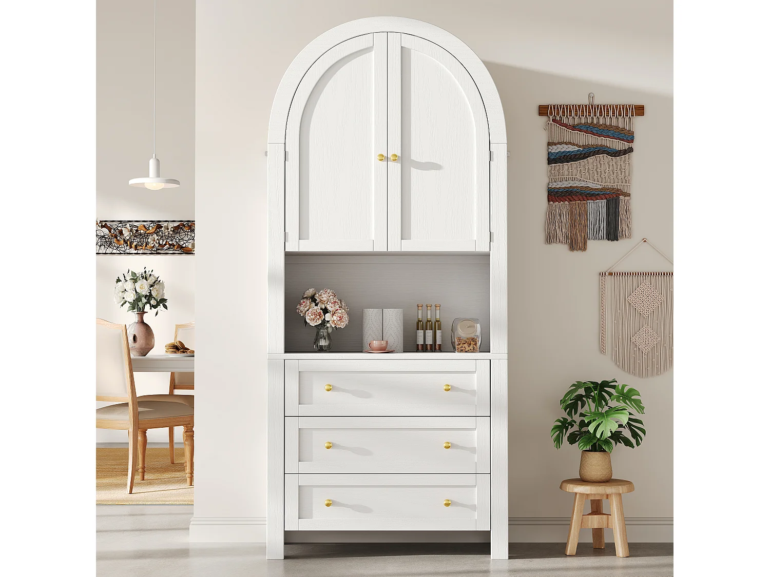 Armoire haute avec tiroirs et portes, Étagères ouvertes, Rangement autonome, Cuisine/Salon, Étagères arche blanches