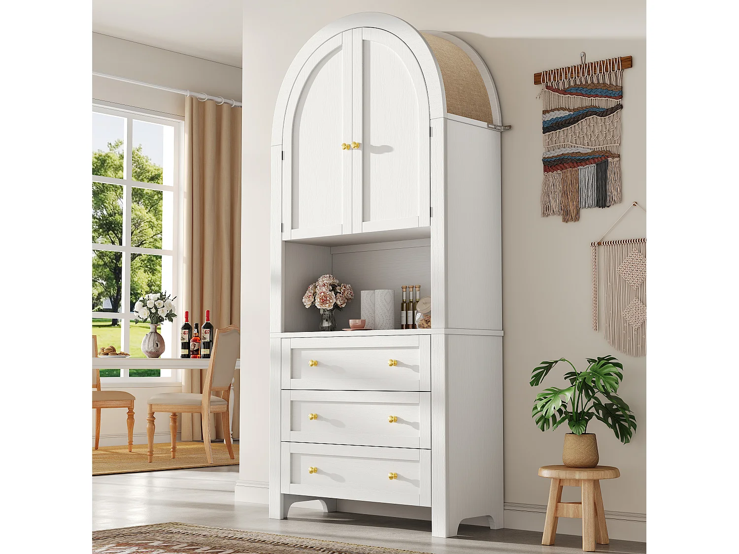 Armoire haute avec tiroirs et portes, Étagères ouvertes, Rangement autonome, Cuisine/Salon, Étagères arche blanches