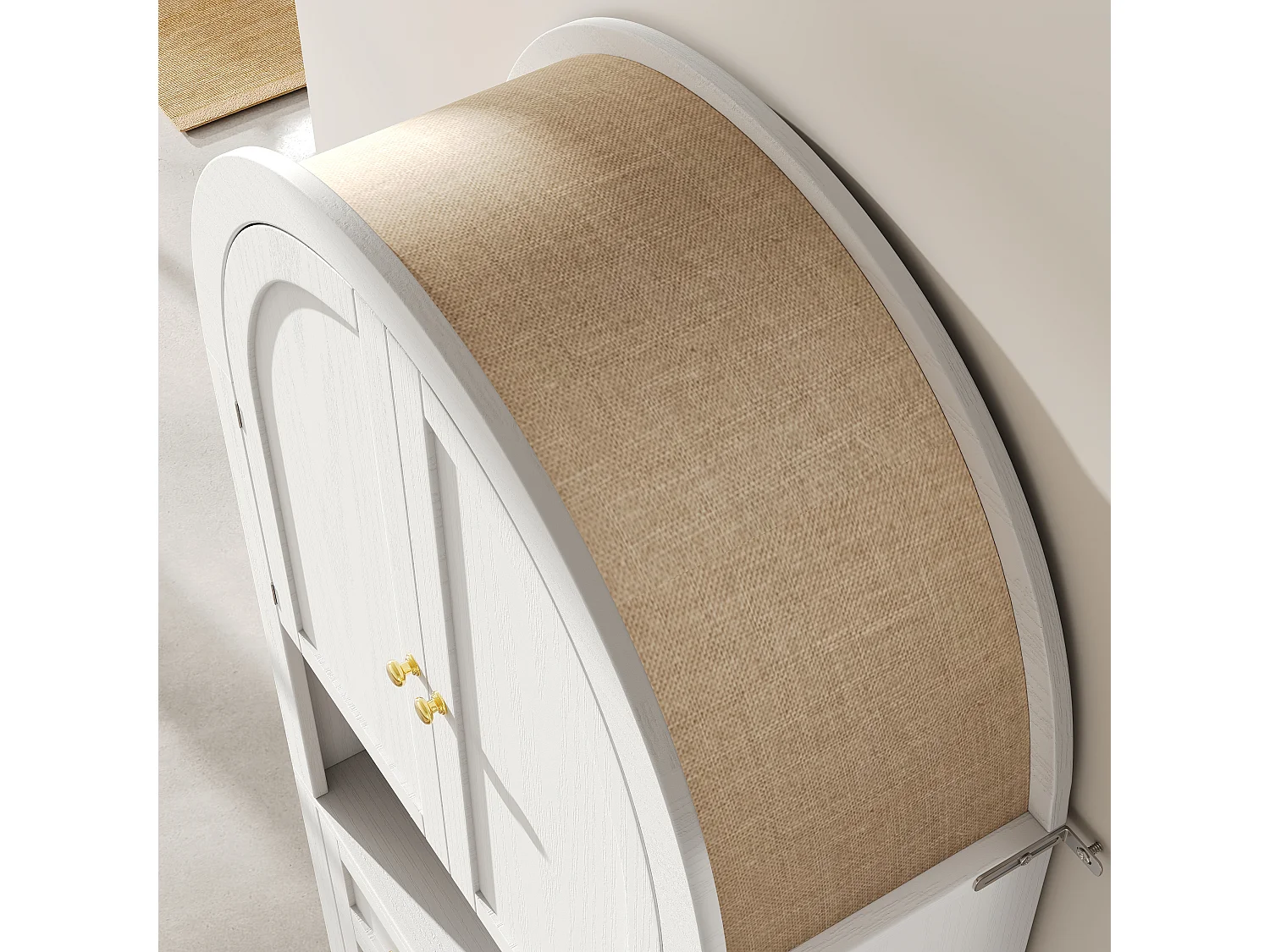 Armoire haute avec tiroirs et portes, Étagères ouvertes, Rangement autonome, Cuisine/Salon, Étagères arche blanches