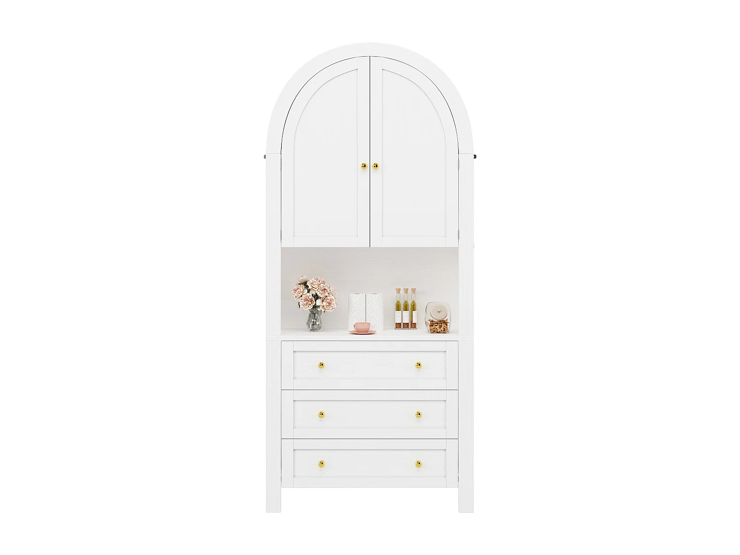 Armoire haute avec tiroirs et portes, Étagères ouvertes, Rangement autonome, Cuisine/Salon, Étagères arche blanches