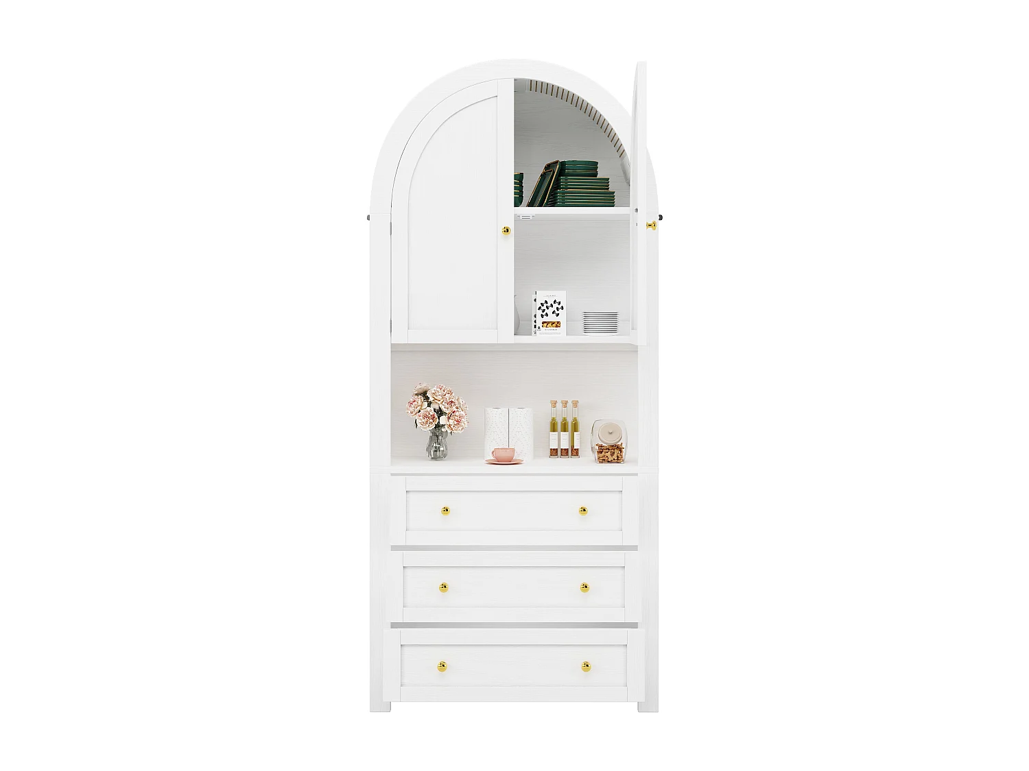 Armoire haute avec tiroirs et portes, Étagères ouvertes, Rangement autonome, Cuisine/Salon, Étagères arche blanches