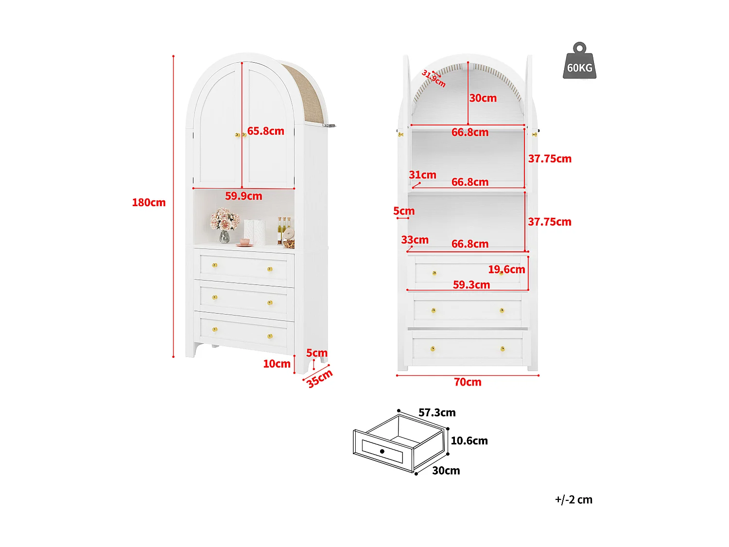 Armoire haute avec tiroirs et portes, Étagères ouvertes, Rangement autonome, Cuisine/Salon, Étagères arche blanches