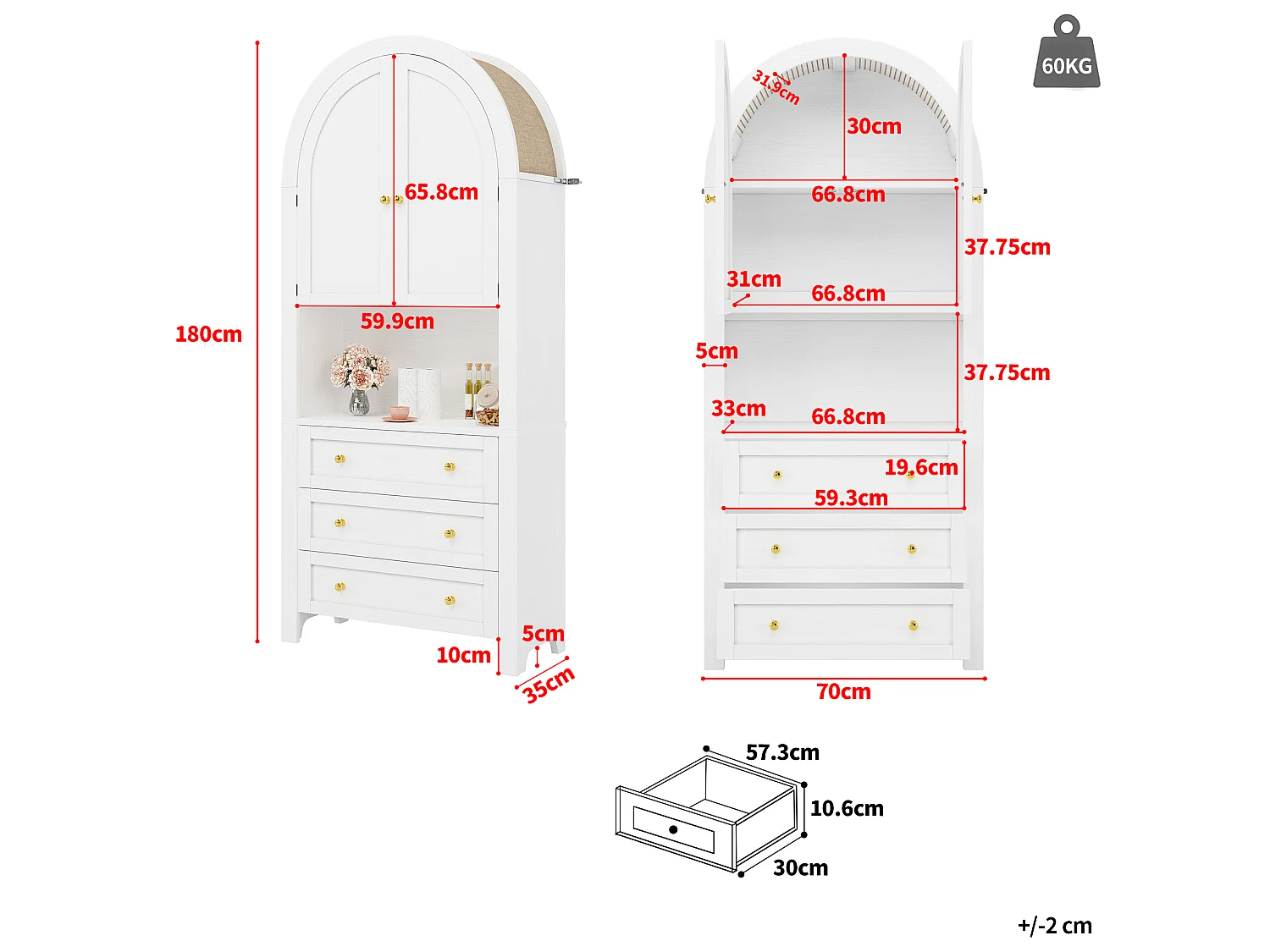 Armoire de rangement haute 70/180/35 cm avec 3 tiroirs, portes cintrées et niche ouverte MDF blanc