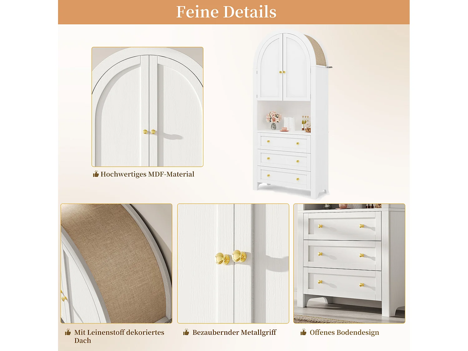 Armoire de rangement haute 70/180/35 cm avec 3 tiroirs, portes cintrées et niche ouverte MDF blanc