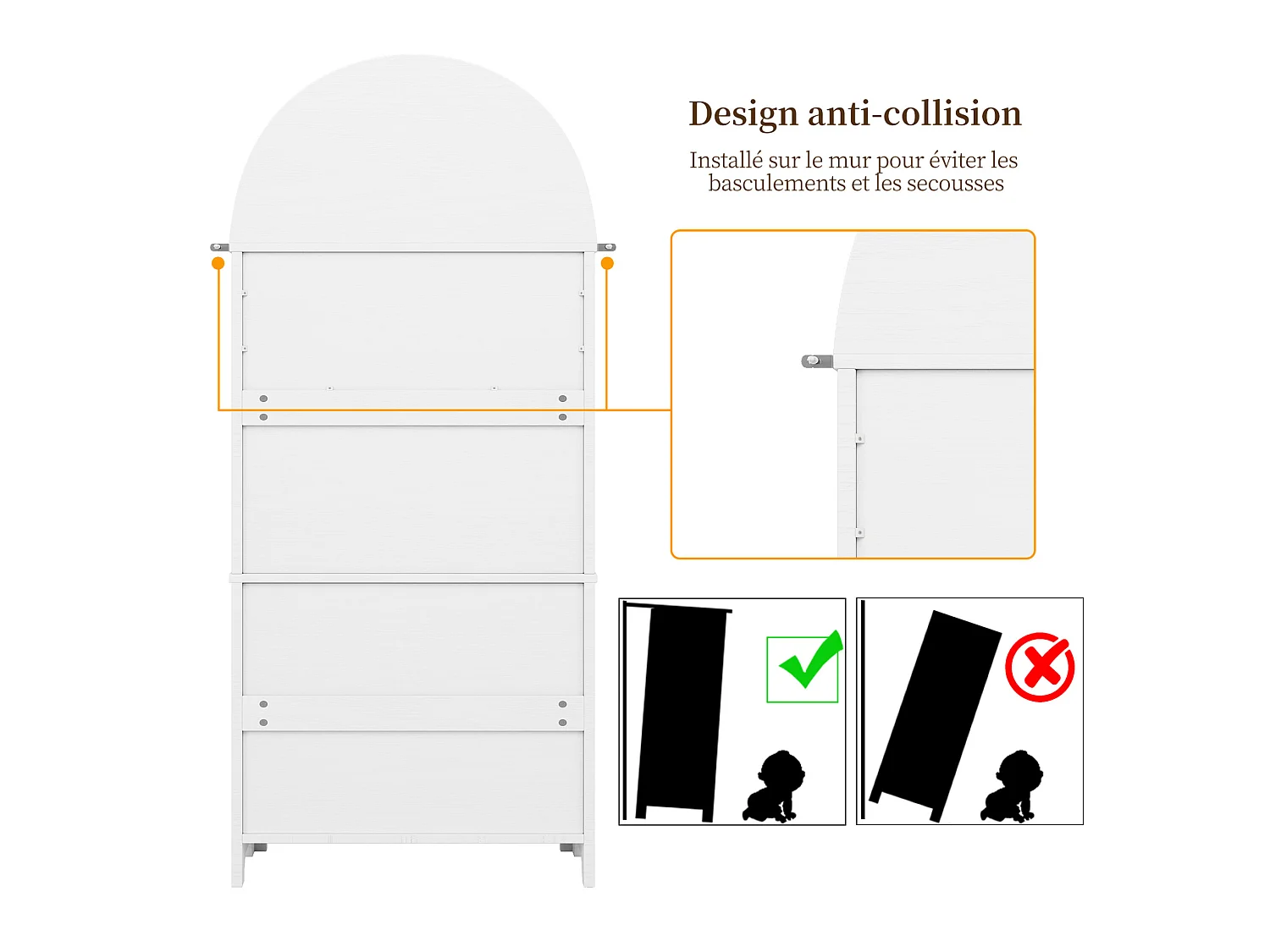 Armoire de rangement haute 70/180/35 cm avec 3 tiroirs, portes cintrées et niche ouverte MDF blanc