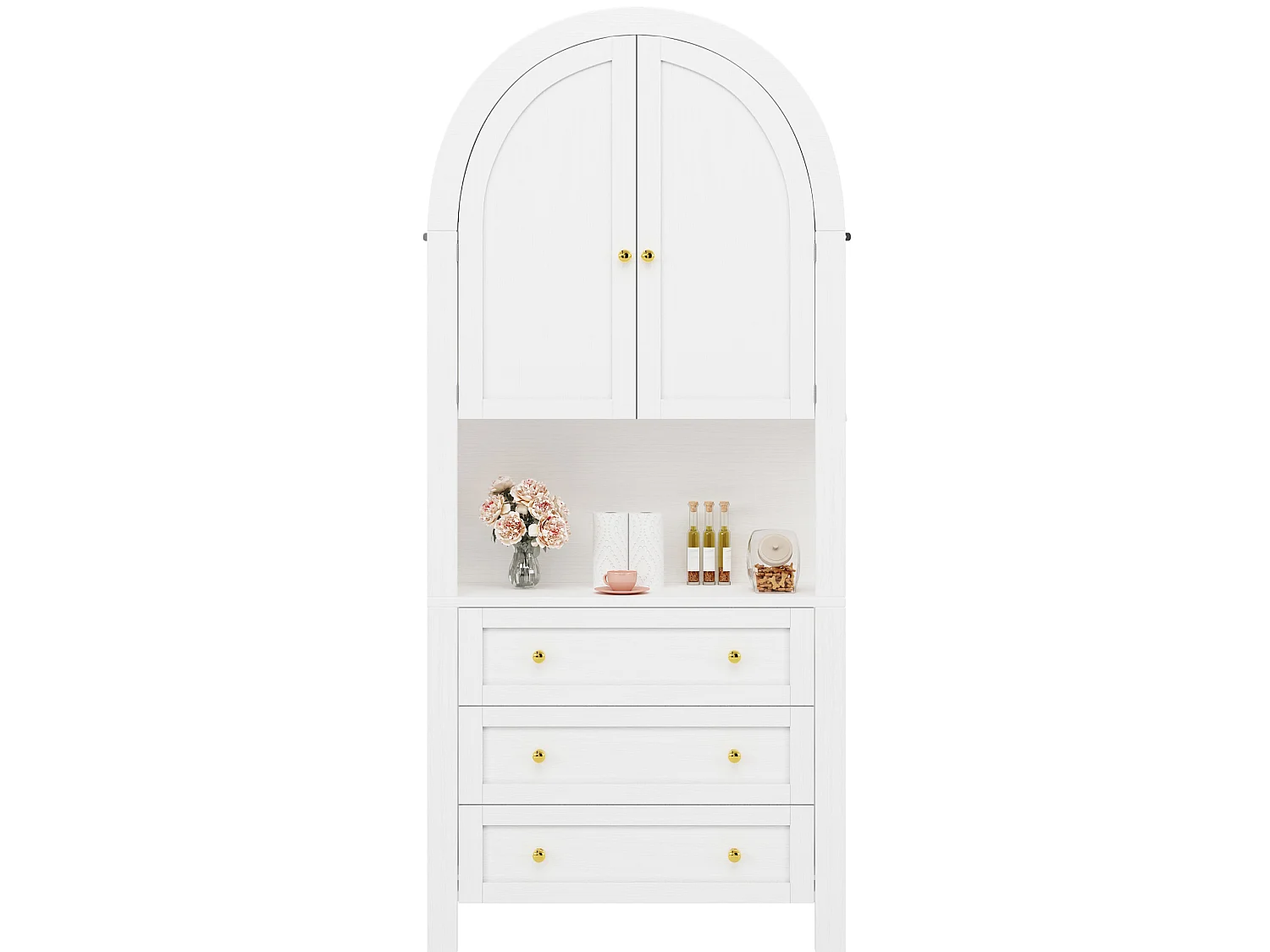 Armoire de rangement haute 70/180/35 cm avec 3 tiroirs, portes cintrées et niche ouverte MDF blanc