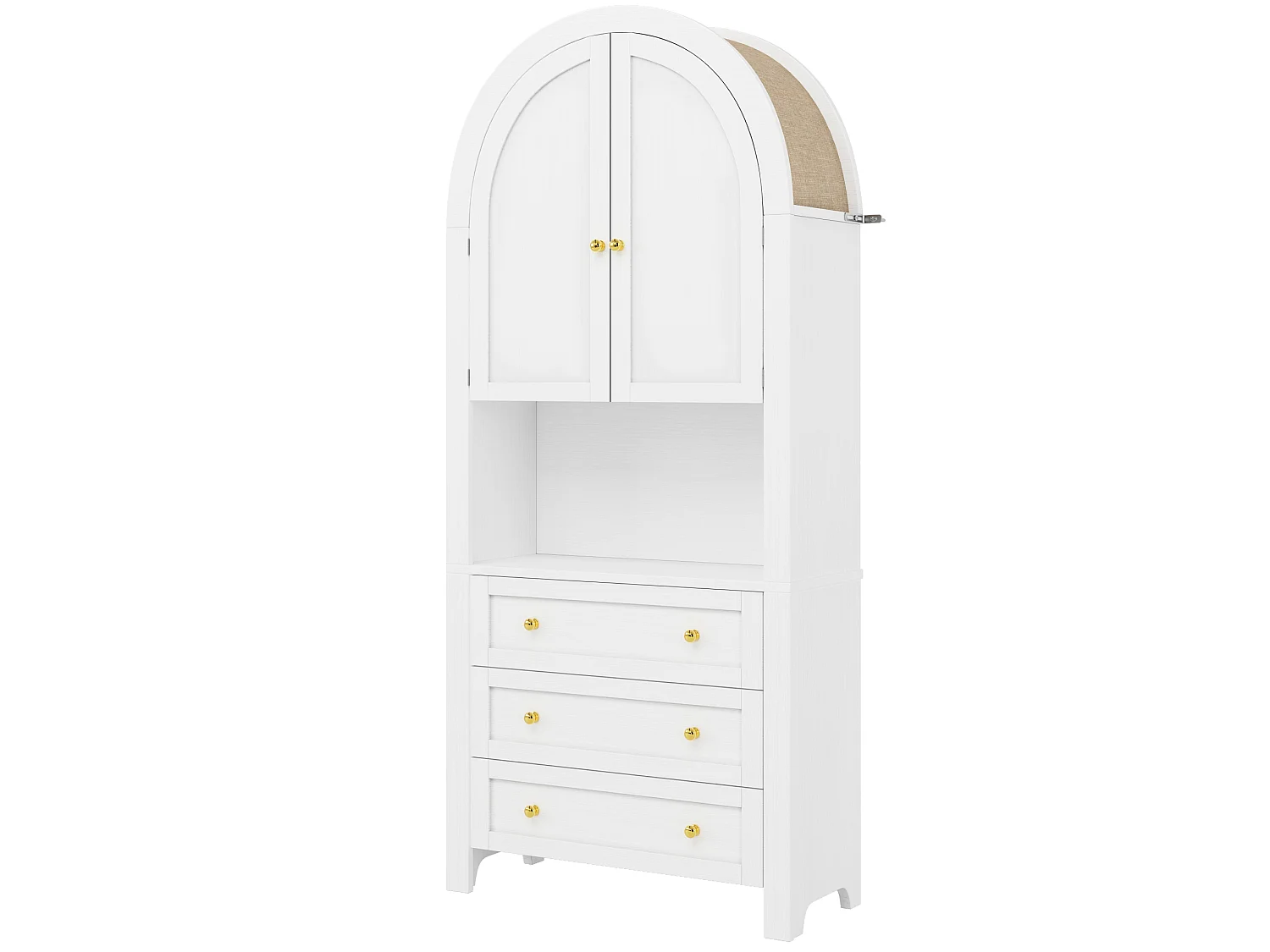 Armoire de rangement haute 70/180/35 cm avec 3 tiroirs, portes cintrées et niche ouverte MDF blanc