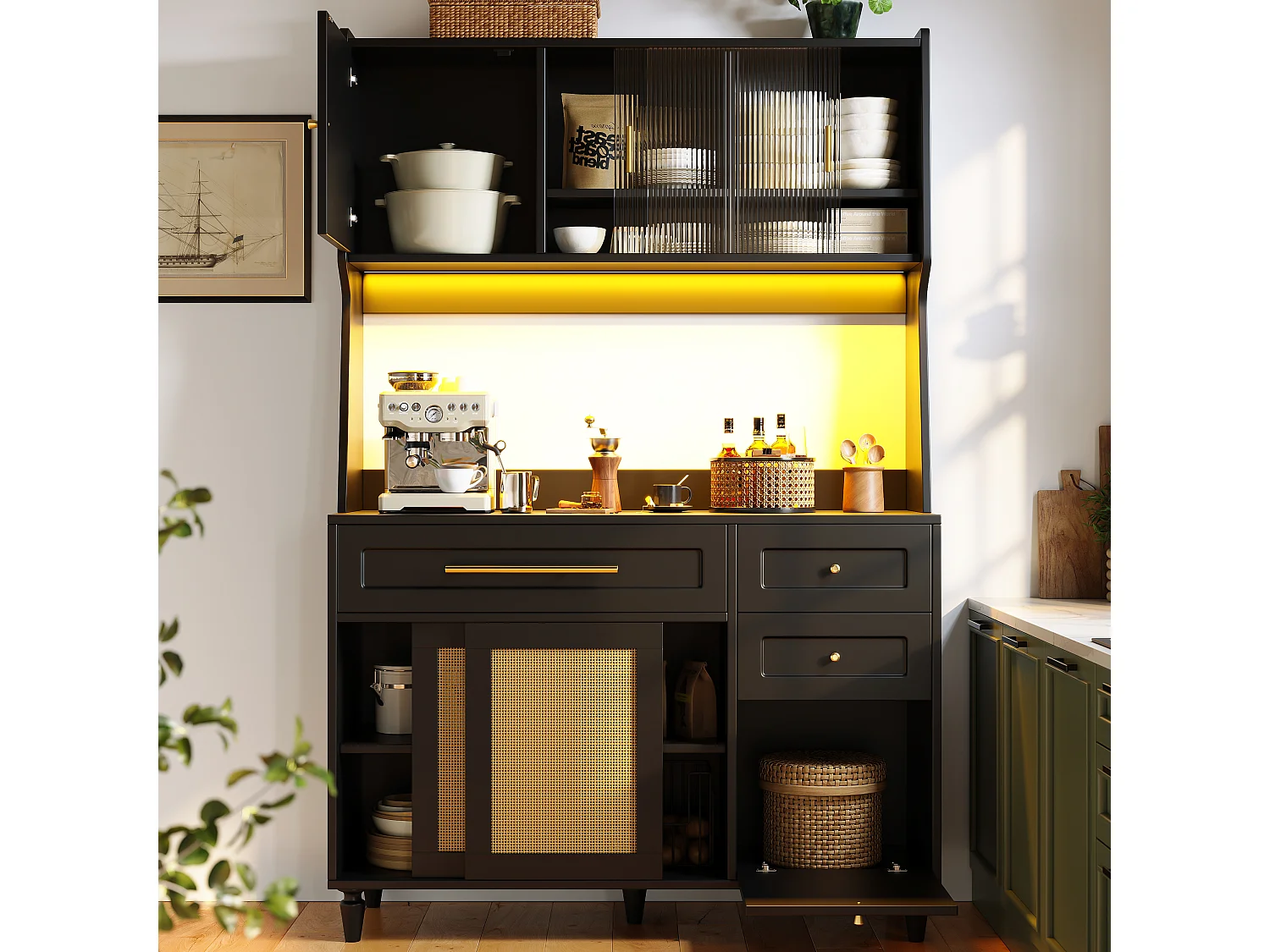 Armoire haute de cuisine, Buffet et Vitrine, Étagères réglables, 3 tiroirs, PE rotin, Sideboard LED, Noir, rangement pratique