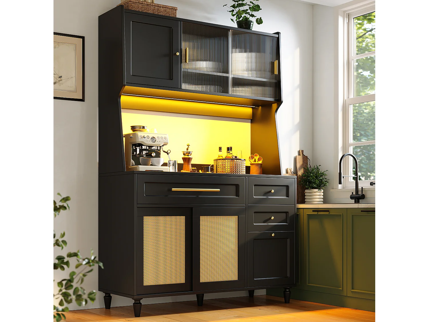 Armoire haute de cuisine, Buffet et Vitrine, Étagères réglables, 3 tiroirs, PE rotin, Sideboard LED, Noir, rangement pratique