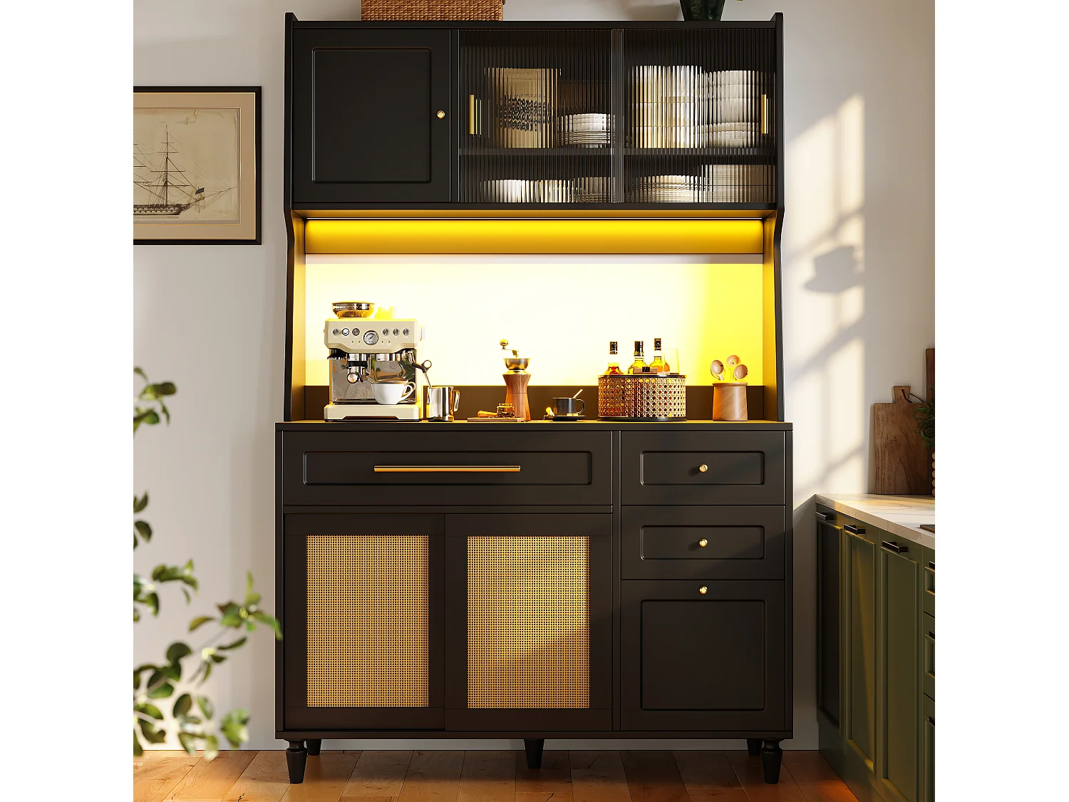 Armoire haute de cuisine, Buffet et Vitrine, Étagères réglables, 3 tiroirs, PE rotin, Sideboard LED, Noir, rangement pratique