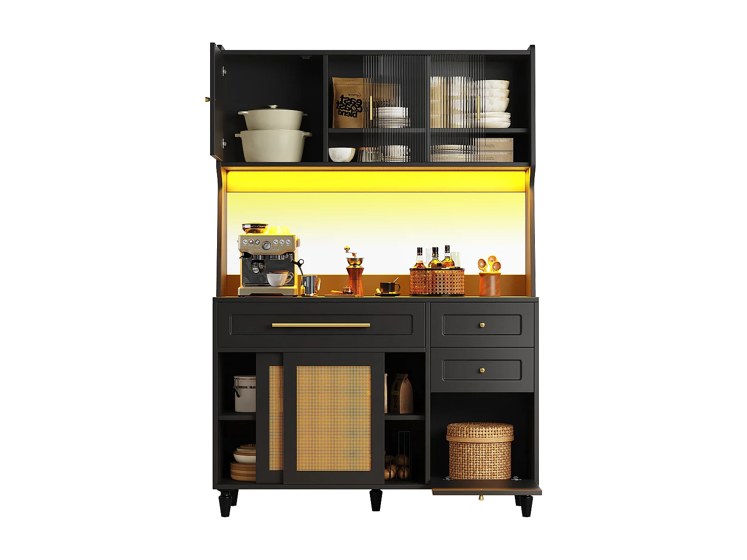 Armoire haute de cuisine, Buffet et Vitrine, Étagères réglables, 3 tiroirs, PE rotin, Sideboard LED, Noir, rangement pratique