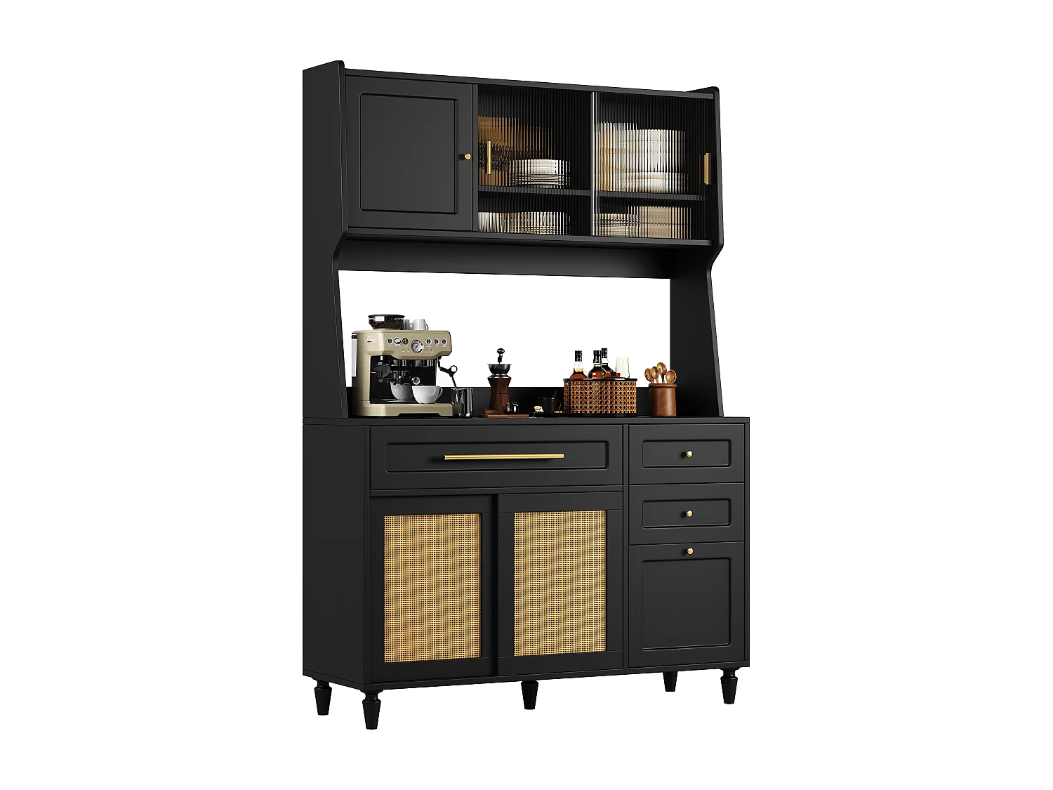 Armoire haute de cuisine, Buffet et Vitrine, Étagères réglables, 3 tiroirs, PE rotin, Sideboard LED, Noir, rangement pratique