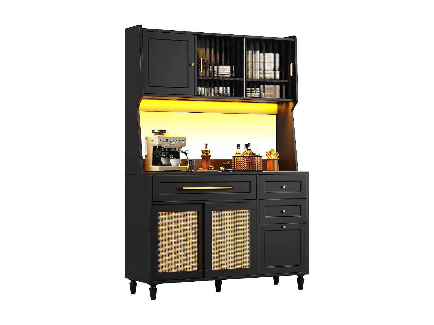 Armoire haute de cuisine, Buffet et Vitrine, Étagères réglables, 3 tiroirs, PE rotin, Sideboard LED, Noir, rangement pratique