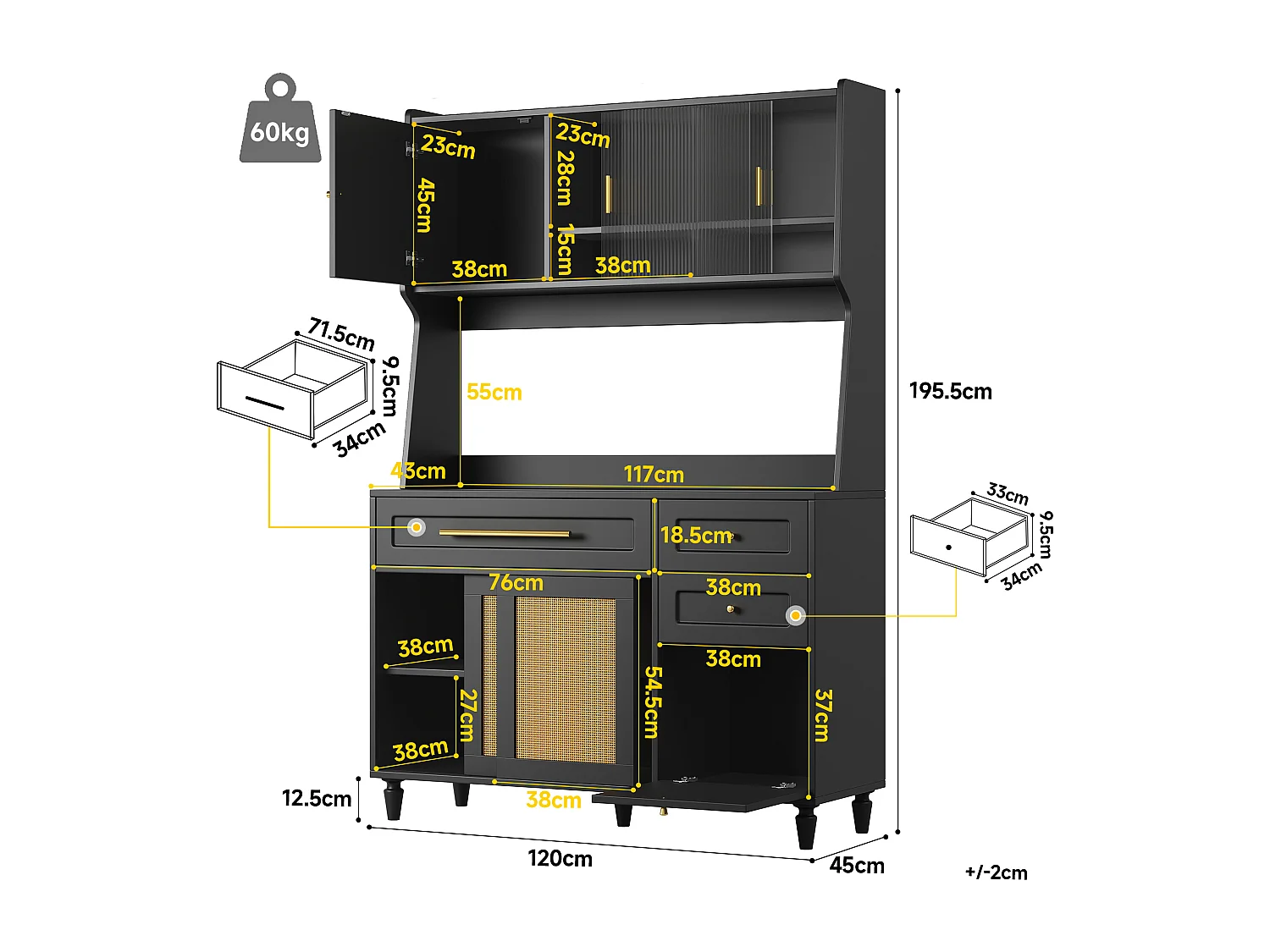 Armoire haute de cuisine, Buffet et Vitrine, Étagères réglables, 3 tiroirs, PE rotin, Sideboard LED, Noir, rangement pratique