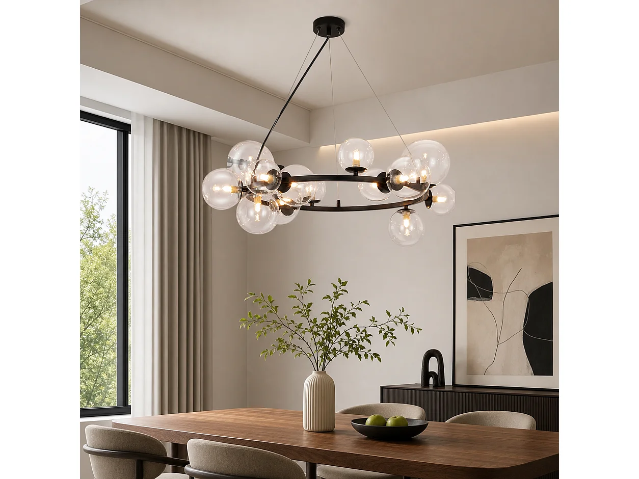 ZMH Lustre en métal et verre G9 Moderne design 14 globes Verre Transparent - L. 80 x H. 171 cm - Pour Salle à Manger Couloir Sans Ampoules