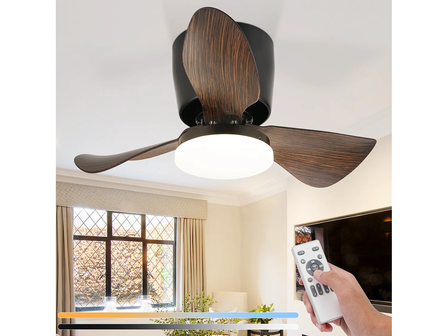 ZMH Ventilateur Plafond LED 70cm Noir - 23W Dimmable, Télécommande, 6 Vitesses, Été/Hiver (Salon/Cuisine)