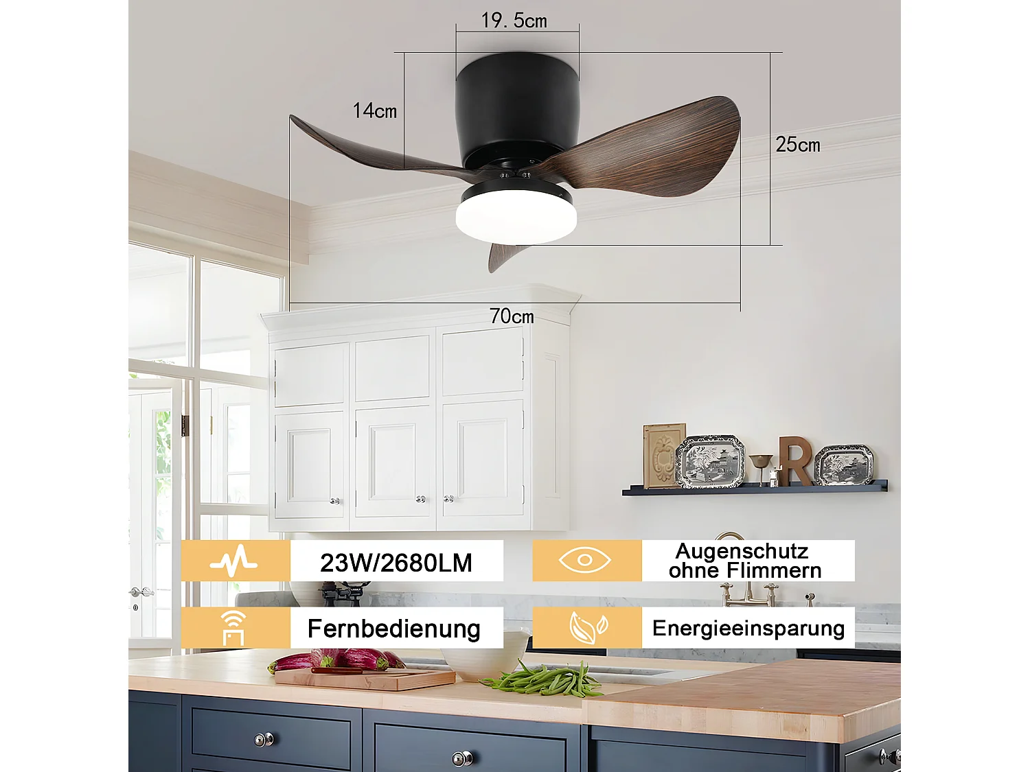 ZMH Ventilateur Plafond LED 70cm Noir - 23W Dimmable, Télécommande, 6 Vitesses, Été/Hiver (Salon/Cuisine)