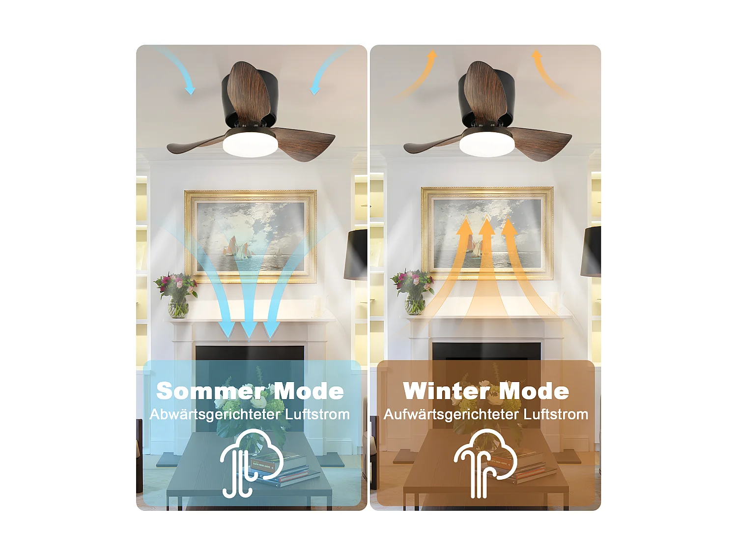 ZMH Ventilateur Plafond LED 70cm Noir - 23W Dimmable, Télécommande, 6 Vitesses, Été/Hiver (Salon/Cuisine)