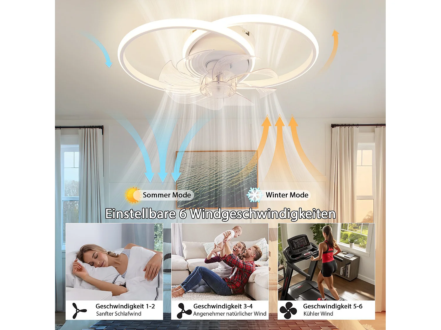 ZMH Ventilateur de plafond avec éclairage silencieux et moderne, 36 W, 6 vitesses, pour chambre à coucher