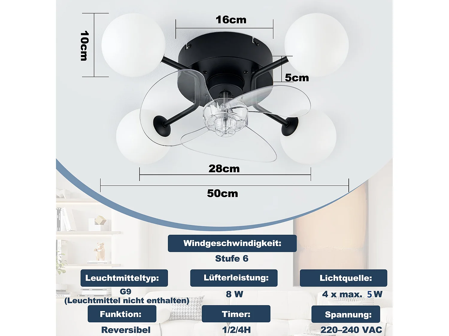 ZMH Ventilateur de plafond avec éclairage G9 silencieux et télécommande 6 vitesses minuterie pour cuisine ou salle à manger ampoule non incluse