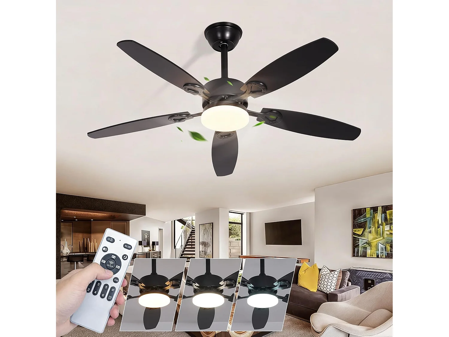 ZMH Ventilateur de plafond avec lumière silencieux avec lumière pales double face intensité variable avec télécommande pour salon et chambre