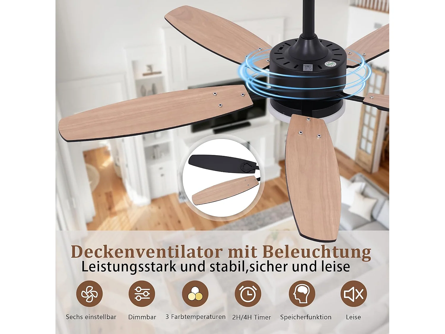 ZMH Ventilateur de plafond avec lumière silencieux avec lumière pales double face intensité variable avec télécommande pour salon et chambre