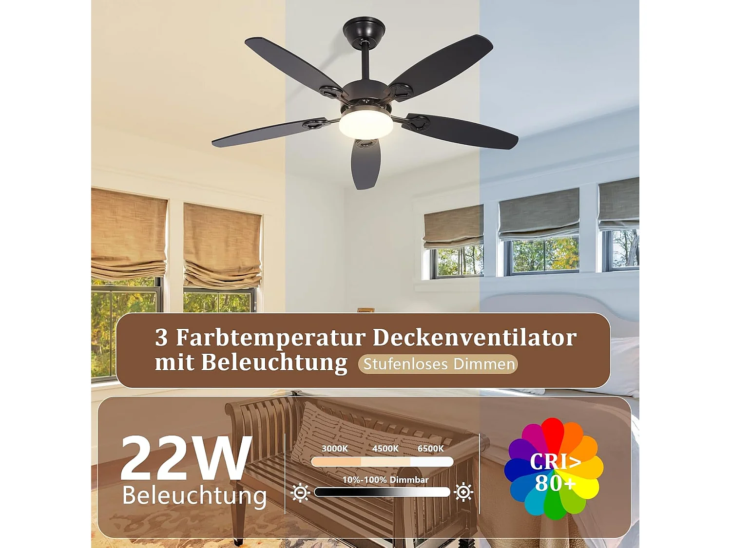 ZMH Ventilateur de plafond avec lumière silencieux avec lumière pales double face intensité variable avec télécommande pour salon et chambre